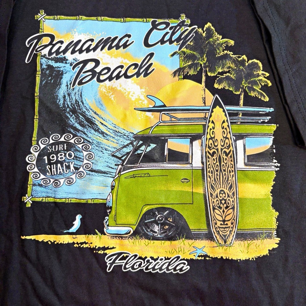 Delta Apparel Panama City Beach Florida surf board van T shirt Black Men's XL